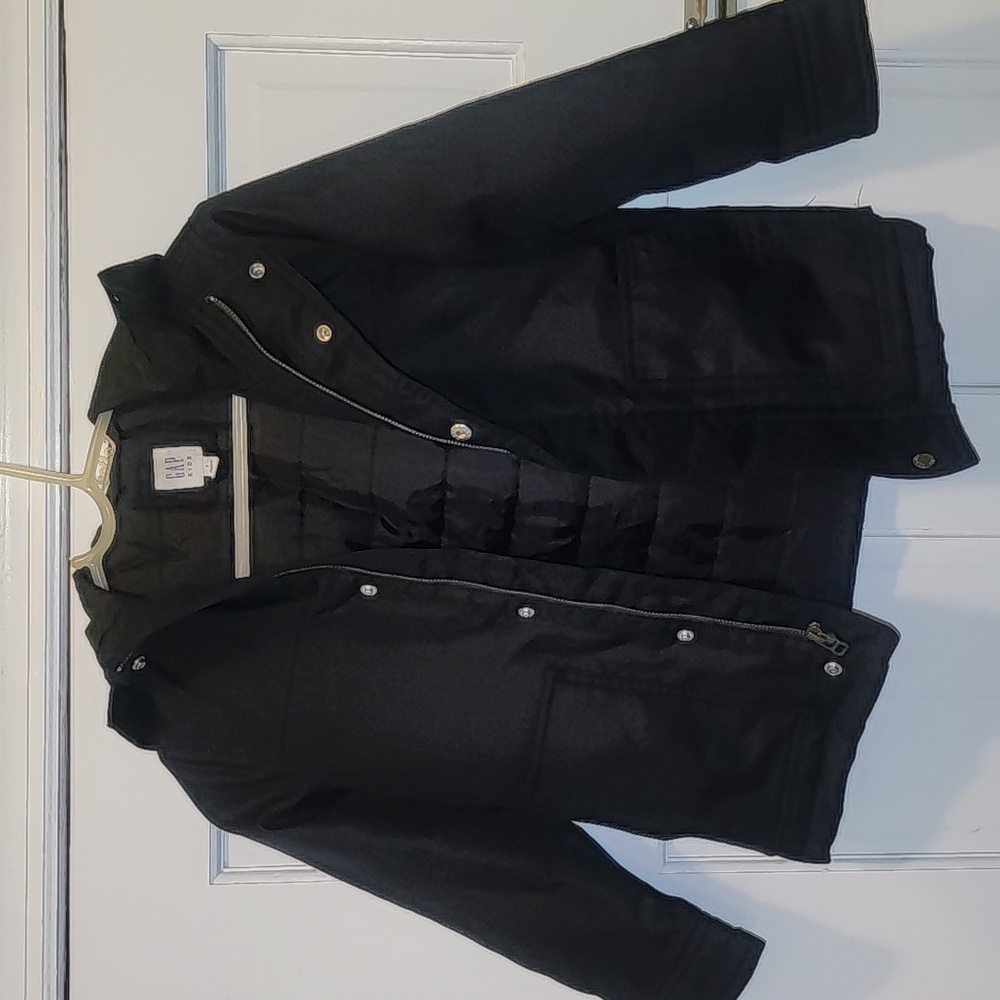 Kids Gap black 3/4 coat with hood.